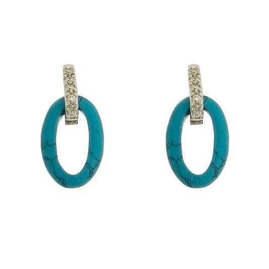 Sterling Silver Oval Turquoise & CZ Earrings
