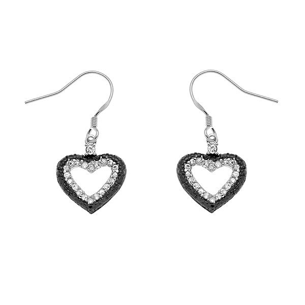 Sterling Silver and Black Plating with Black and Clear CZ Heart Earrings