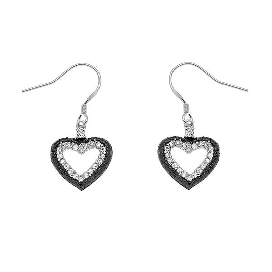 Sterling Silver and Black Plating with Black and Clear CZ Heart Earrings