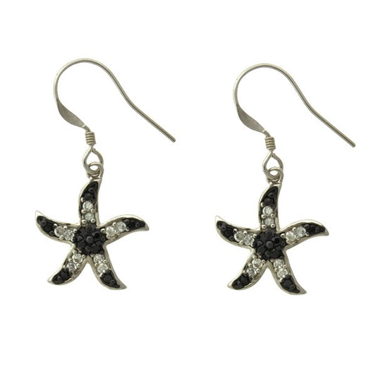 Sterling Silver and Black Plating with Black and Clear CZ Star Earrings