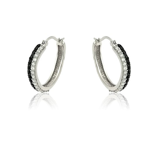 Sterling Silver and Black Plating with Single-Line Black and Clear CZ Hoop Earrings