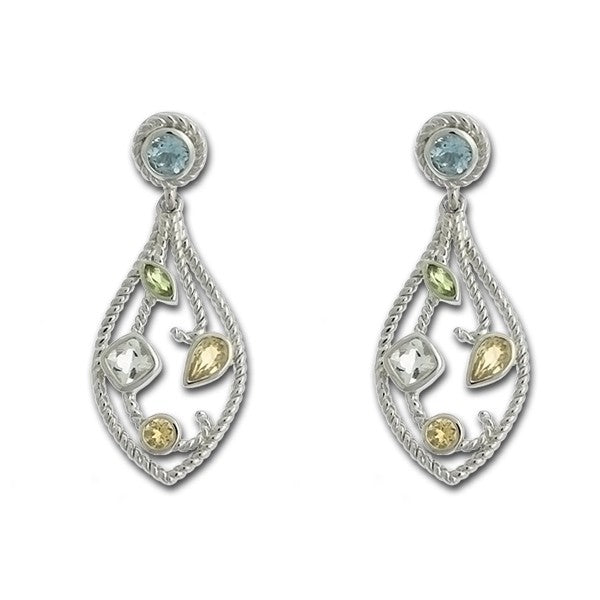 Sterling Silver Multi-Colored, Multi-Shaped Gem Pear-Shaped Earrings