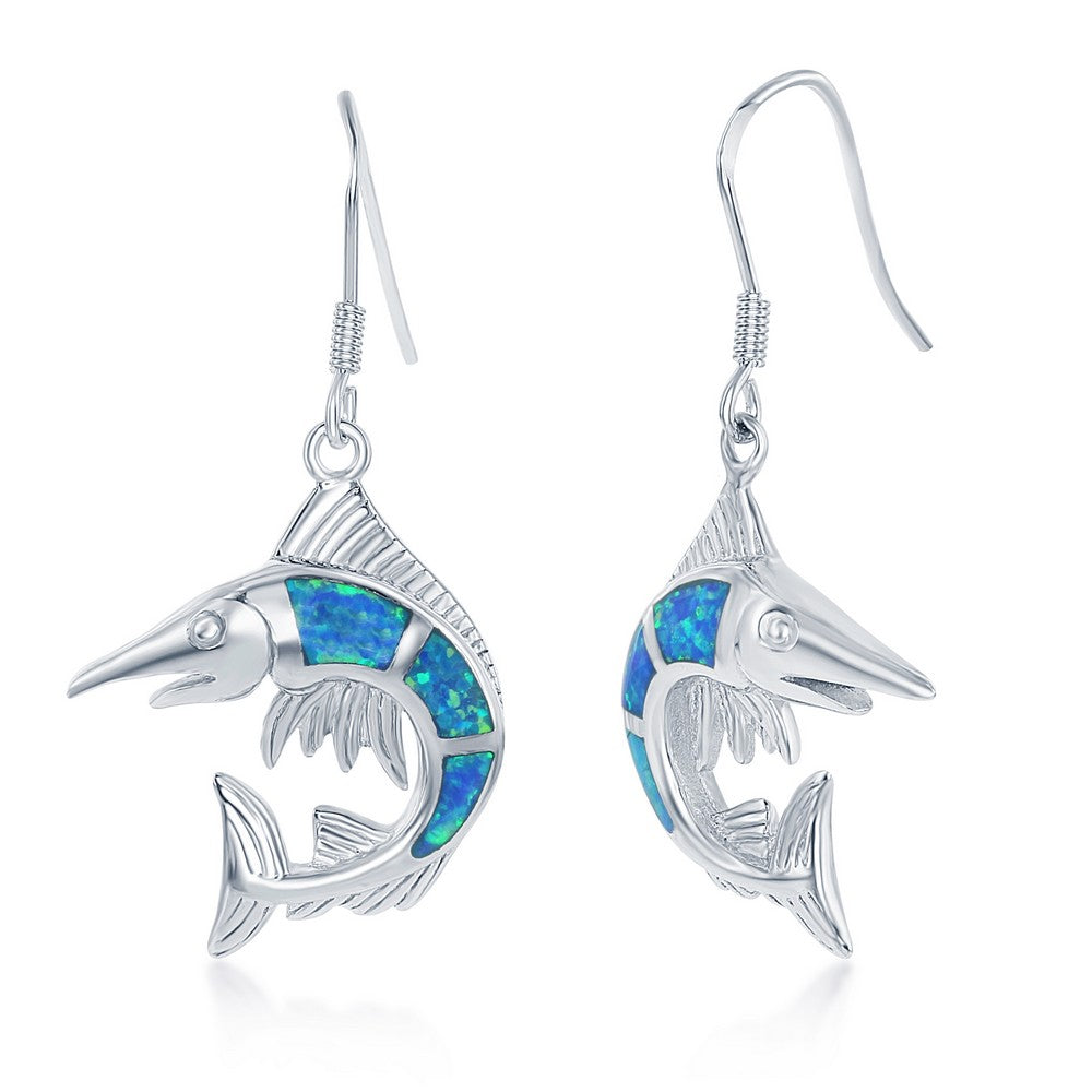 Sterling Silver Blue Inlay Opal Fish Earrings