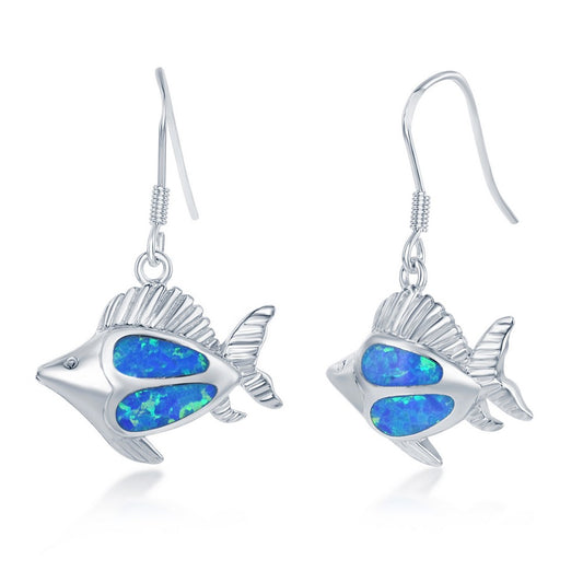Sterling Silver Blue Inlay Opal Flat Fish Earrings
