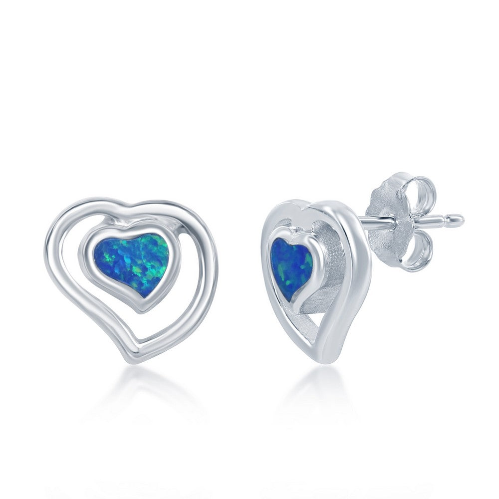 Sterling Silver Blue Inlay Opal Center Heart with Outer Open Heart Earrings