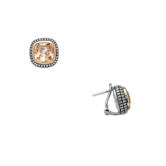 Sterling Silver Center Square Champagne CZ With  Surrounding GP Line and Black Finish Earrings