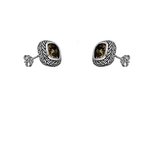 Sterling Silver Center Square Brown Topaz CZ and Black Finish Earrings