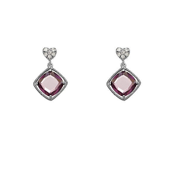 Sterling Silver Small CZ Heart With  Hanging Amethyst Square CZ Earrings