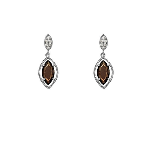 Sterling Silver Small CZ Marquise With  Hanging Brown Topaz Marquise CZ Earrings