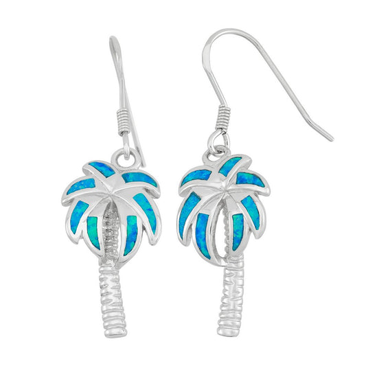 Sterling Silver Blue Inlay Opal Palm Tree Dangling Earrings