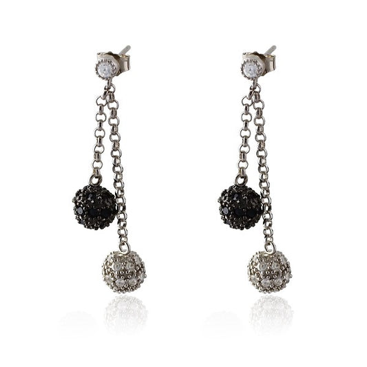 Sterling Silver Dangling Black and White CZ Ball Earrings