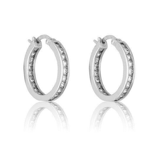Sterling Silver Inside-Outside Channel Set CZ Hoop Earrings - Small