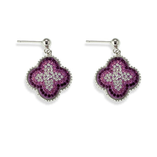 Sterling Silver White, Pink and Purple Crystal Flower Earrings