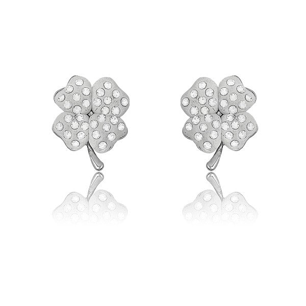 Sterling Silver White Enamel 4-Leaf With Crystals Earrings