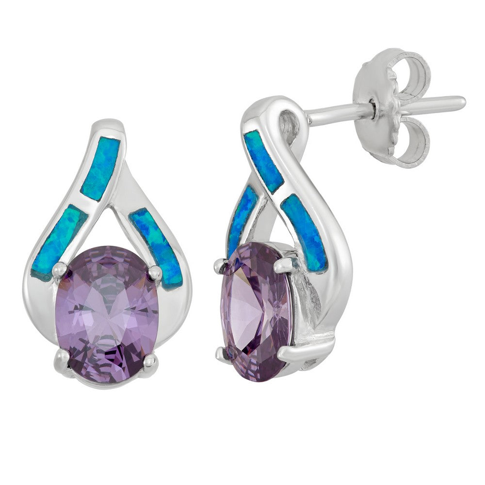 Sterling Silver Blue Inlay Opal With  Large Amethyst Oval CZ Earrings