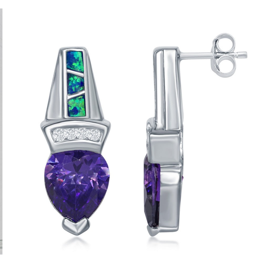 Sterling Silver Blue Inlay Opal With  CZ Bar and Large Pear Shaped Amethyst CZ Earrings