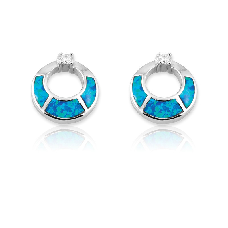 Sterling Silver Blue Inlay Opal With  CZ Open Circles Earrings
