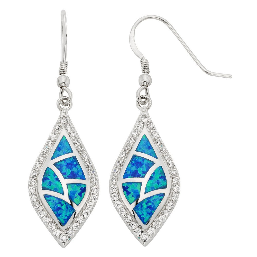 Sterling Silver Blue Inlay Opal With  CZ Border Earrings