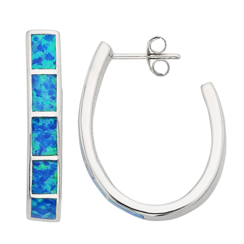 Sterling Silver Blue Inlay Opal Hoop Earrings