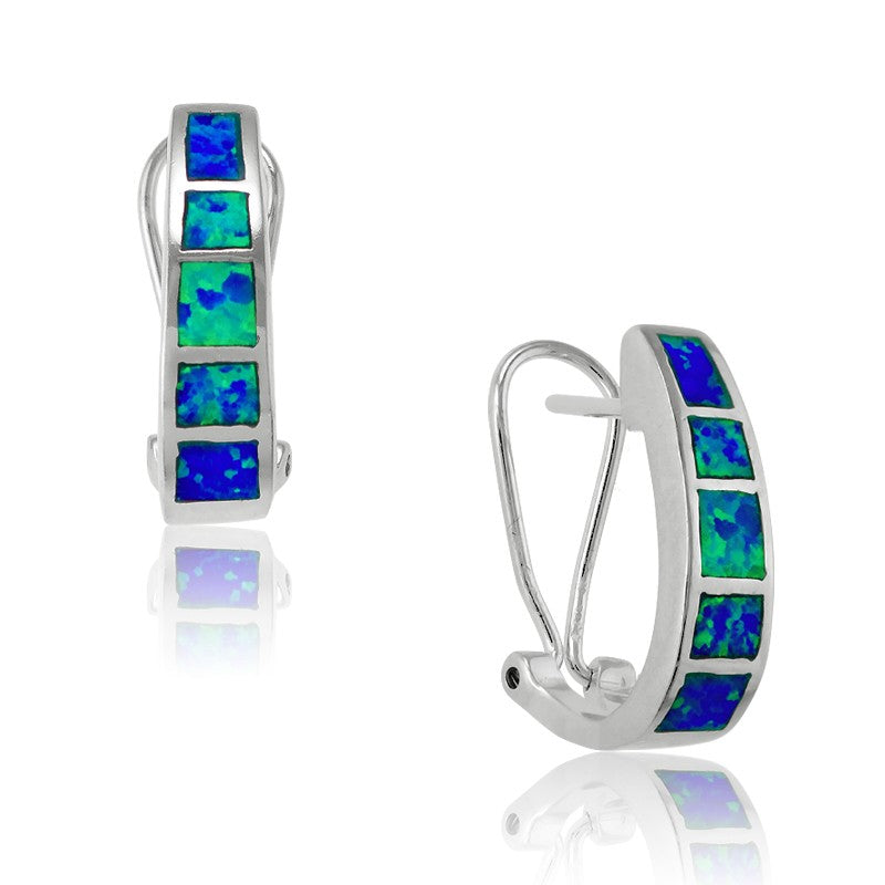Sterling Silver Blue Inlay Opal Squares Hoop Lever back Earrings