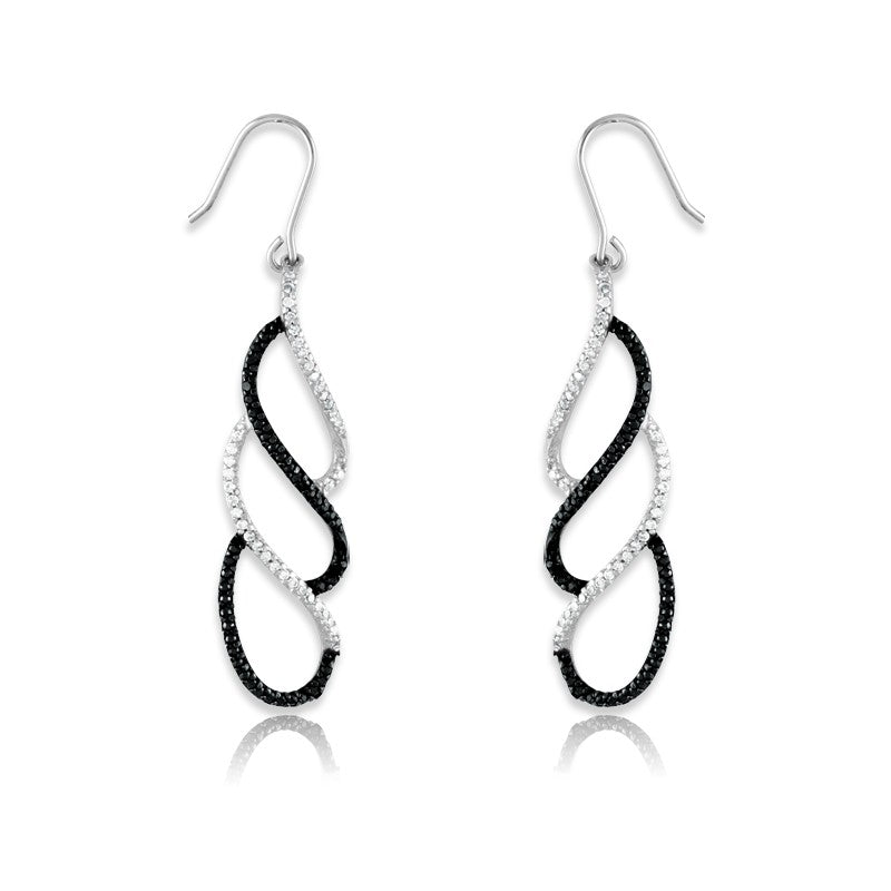 Sterling Silver and Black Rhodium with Black and Clear CZ Winding Earrings