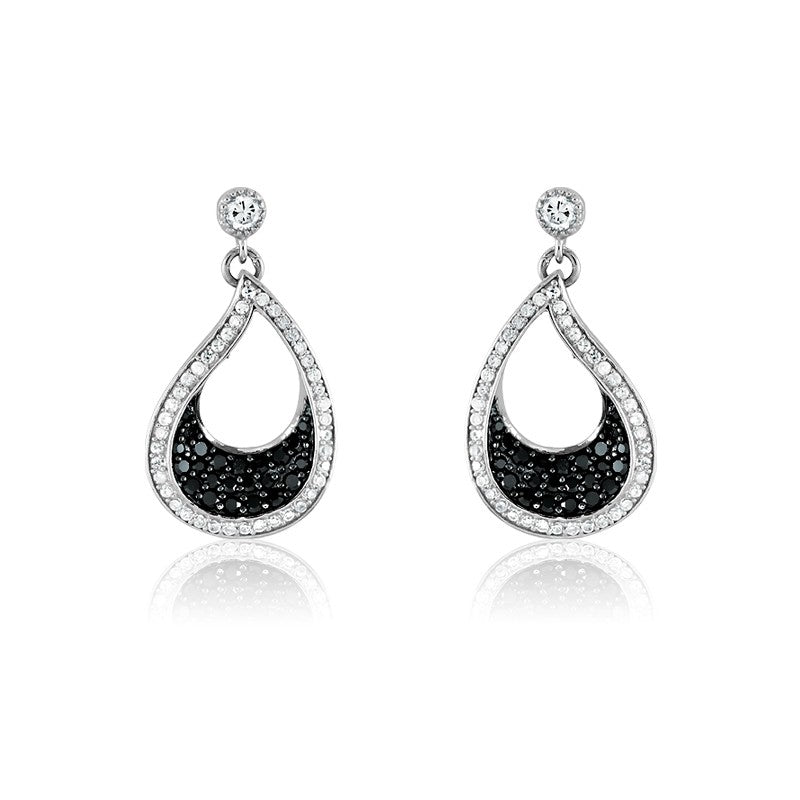 Sterling Silver Black and White CZ Open Teardrop Earrings