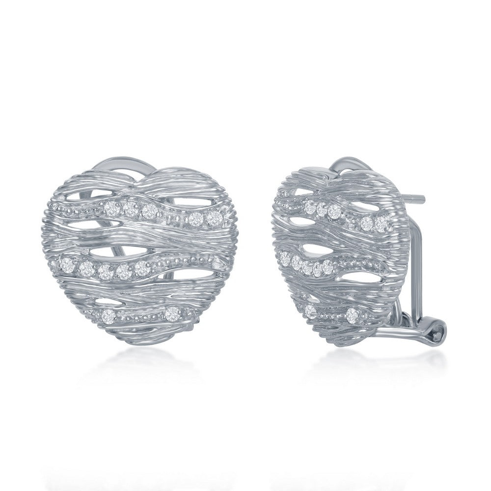 Sterling Silver and CZ Wavy-Design Heart Earrings