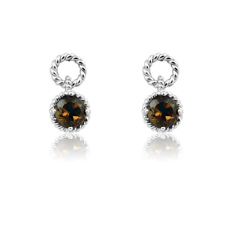 Sterling Silver Round-Gem Twisted Wire Circle Earrings - Smoky Topaz