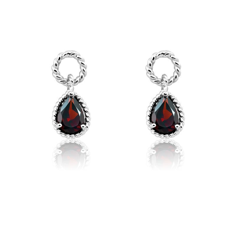 Sterling Silver Pear-Gem Twisted Wire Earrings - Garnet