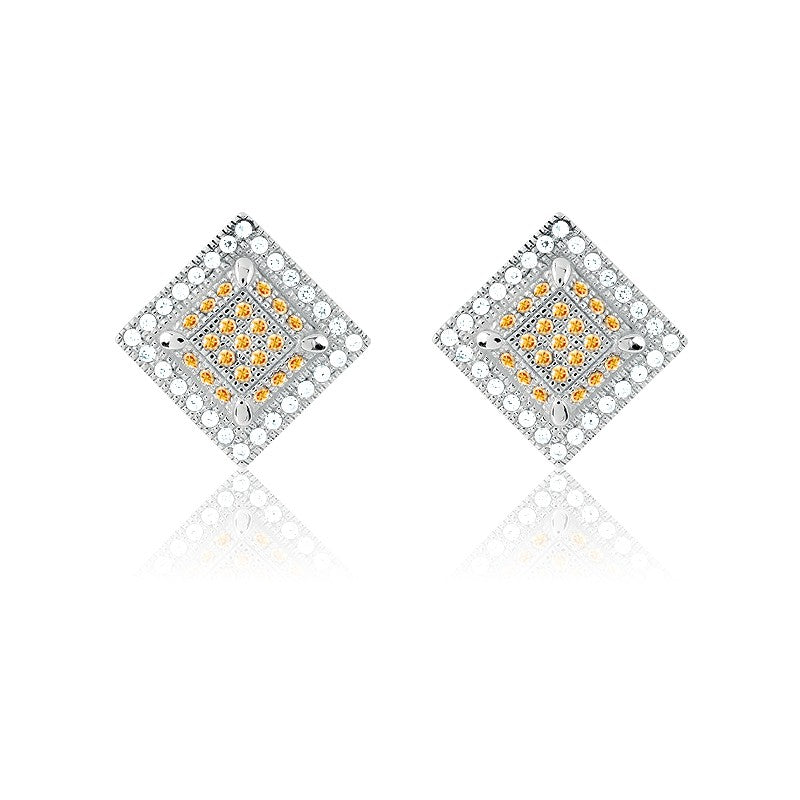 Sterling Silver White and Champagne Micro Pave Square Earrings (98 Stones)