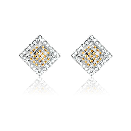 Sterling Silver White and Champagne Micro Pave Square Earrings (98 Stones)