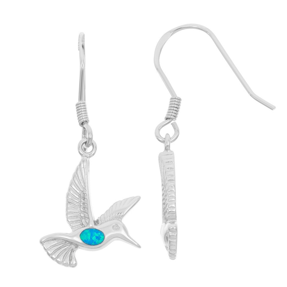 Sterling Silver and Blue Inlay Opal Small Hummingbird Earrings