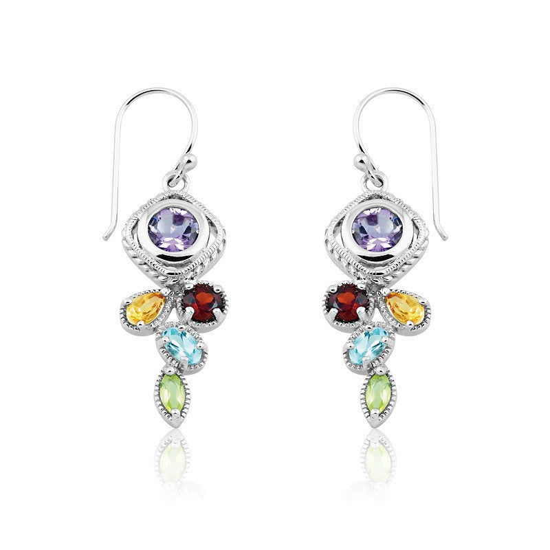 Sterling Silver Multi Shaped Multi Colored Amythest Circle on Top Gemstone Earrings