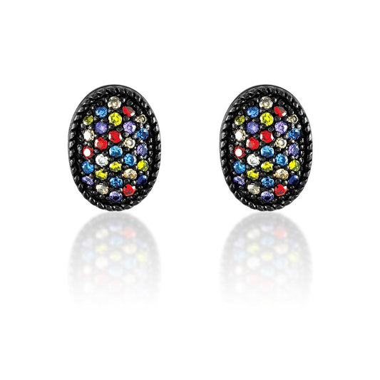 Sterling Silver Black Rhodium and Multi Colored CZ Oval Earrings
