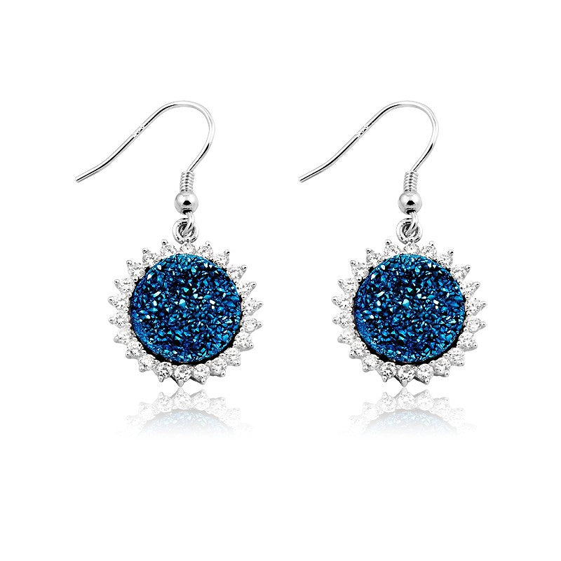 Sterling Silver Round Dark Blue Druzy With Cz All Around Earrings