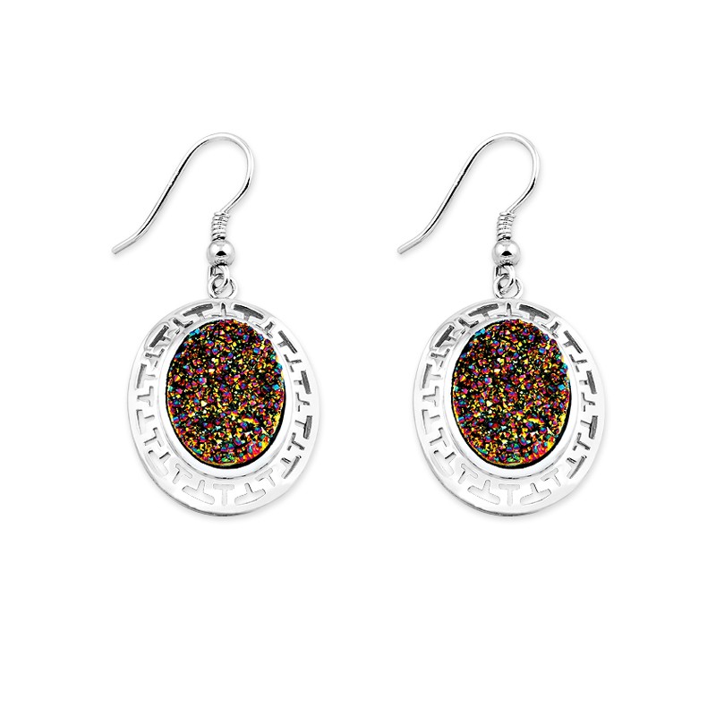Sterling Silver Open Design Around With Rainbow Druzy Center Oval Earrings