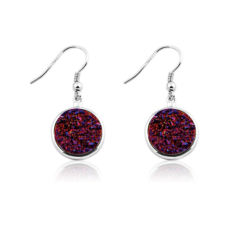 Sterling Silver Round Purple Druzy Earrings