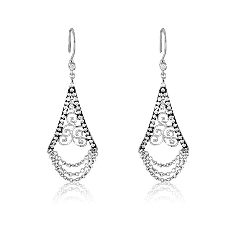 Sterling Silver Triangular Black Rhodium Swirl With Chain Earrings