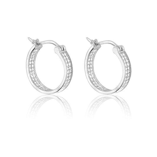 Sterling Silver  Diameter Double Row Micro Pave Inside Outside Hoop Earrings (124 Stones)