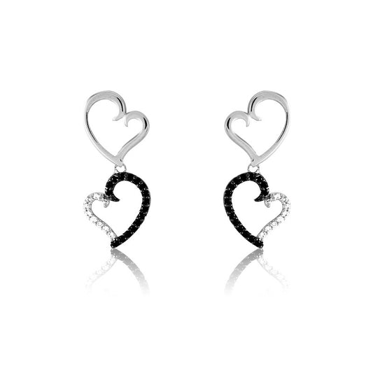 Sterling Silver and Black and White Curled Heart Dangling Earrings