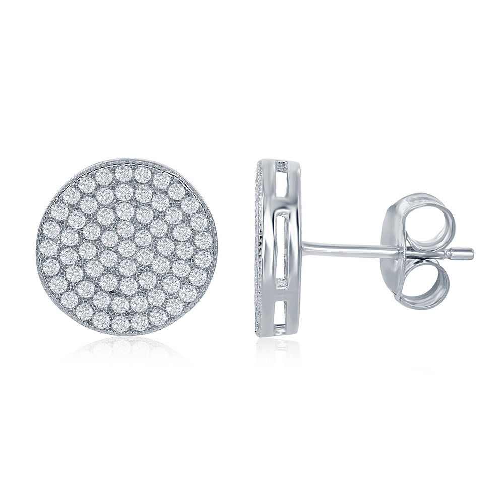 Sterling Silver Flat Micro Pave Stud Earrings - Rhodium Plated