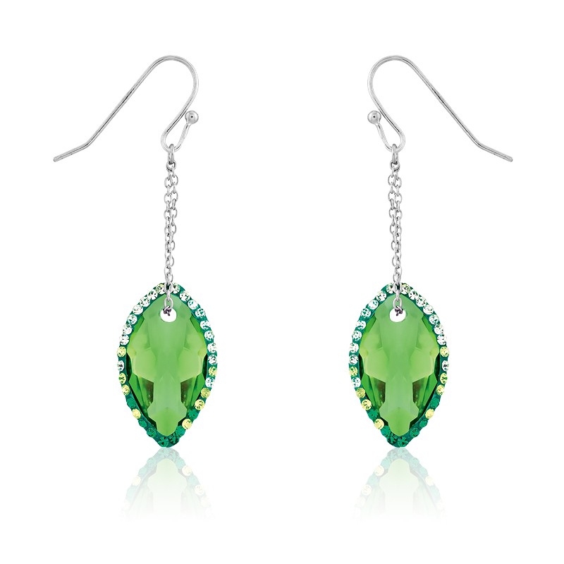 Sterling Silver Marquise Green CZ With Surrounding Green Crystals Dangling Earrings