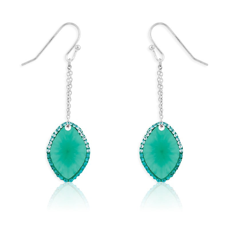 Sterling Silver Marquise Blue-Green CZ With Surrounding Green Crystals Dangling Earrings