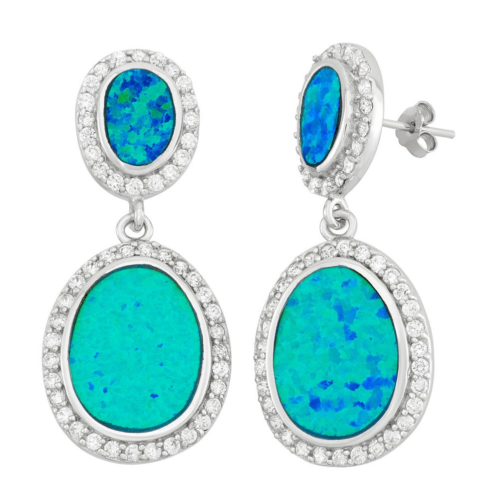 Sterling Silver Double Oval Blue Inlay Opal With CZs Earrings