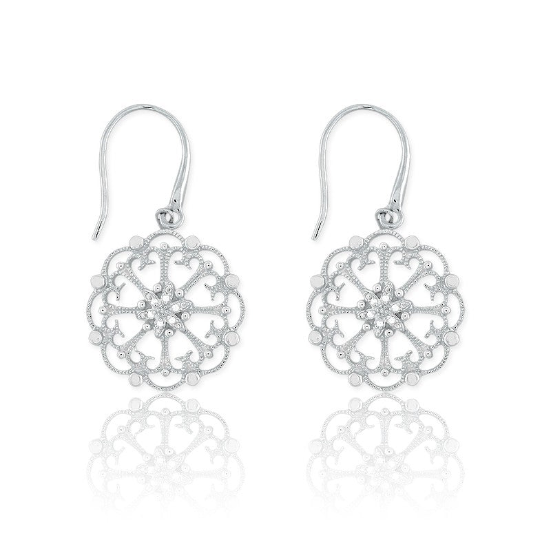 Sterling Silver Round Open Design With Diamonds Earrings