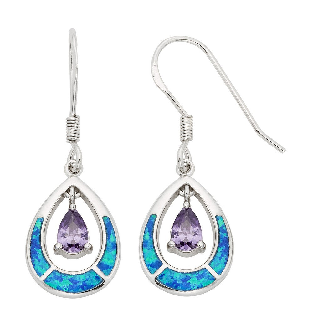 Sterling Silver Blue Inlay Opal Open Oval With Purple Teardrop CZ Earrings