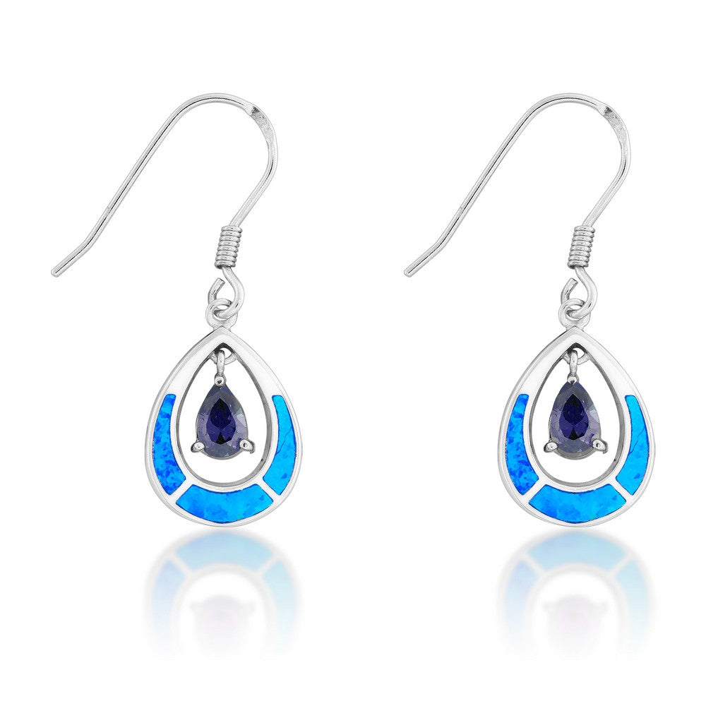 Sterling Silver Blue Inlay Opal Open Oval With Blue Teardrop CZ Earrings