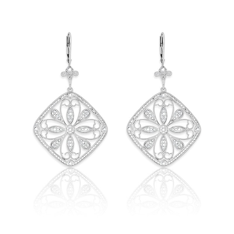 Sterling Silver Square  Diamond Earrings