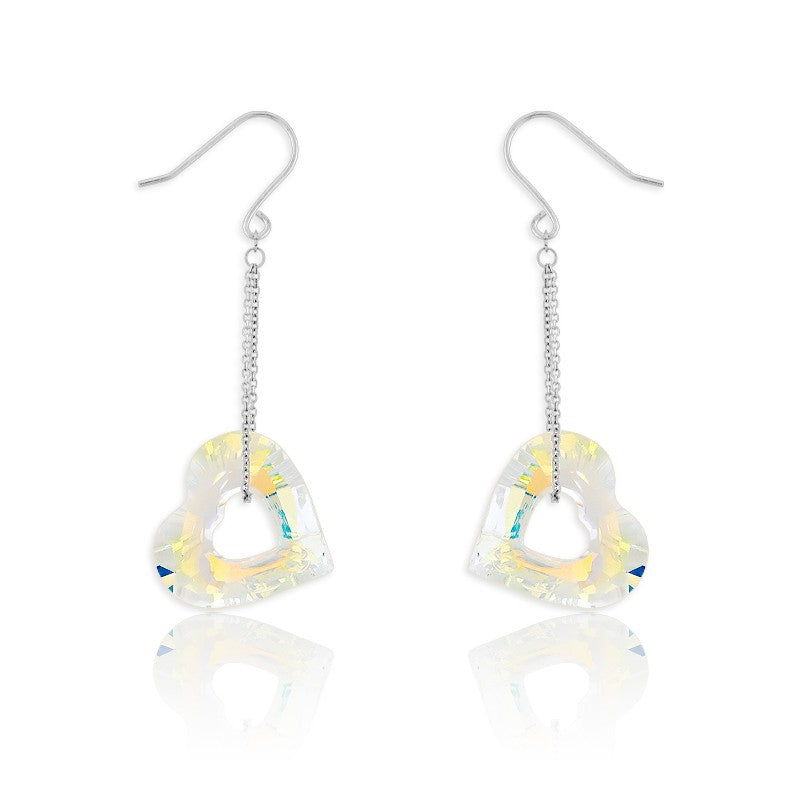 Sterling Silver AB Open Heart Swarovski Crystal Dangling Earrings