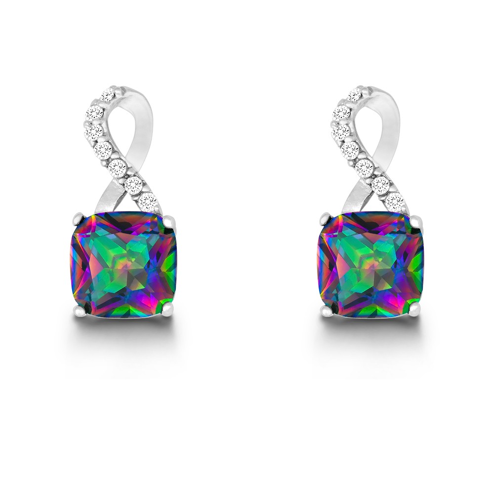 Sterling Silver Half CZ Figure 8 with Square Rainbow CZ Earrings